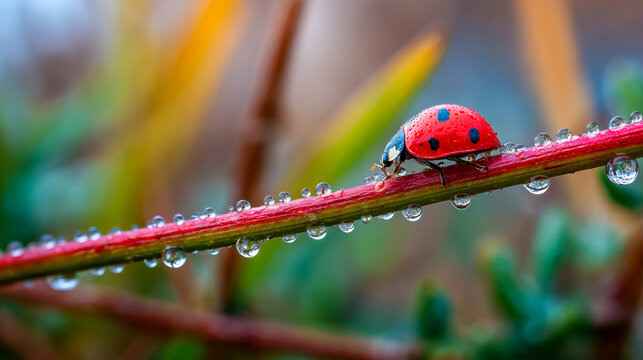 A ladybug is sitting on a leaf that is covered in raindrops