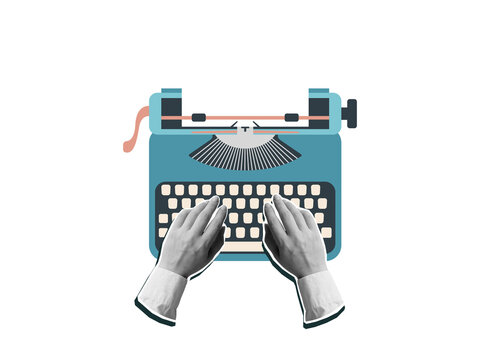 Hands typing on a vintage typewriter keyboard, top view. Modern photo collage style. transparent background