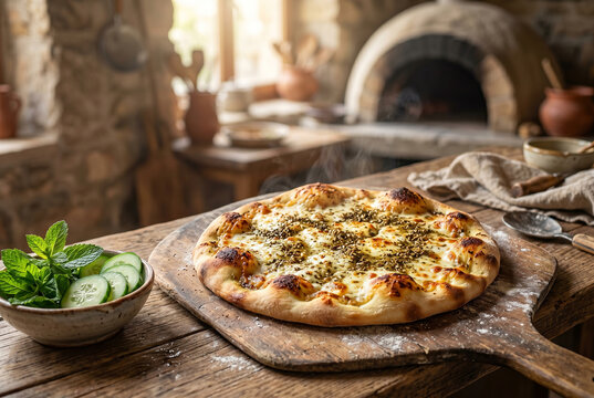 Manousheh au fromage et zaatar sortant du four