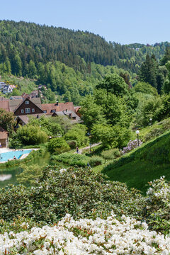 Medieval town of Bad Teinach-Zavelstein in the Swabian Alps, southern Germany, surrounded by lush forests. Popular tourist destination known for thermal baths and scenic forest trails