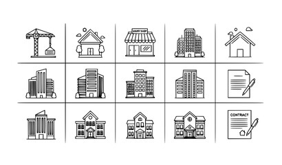 Naklejka premium Minimal real estate line icon set with construction crane shop store apartment townhouse and property contract vector collection