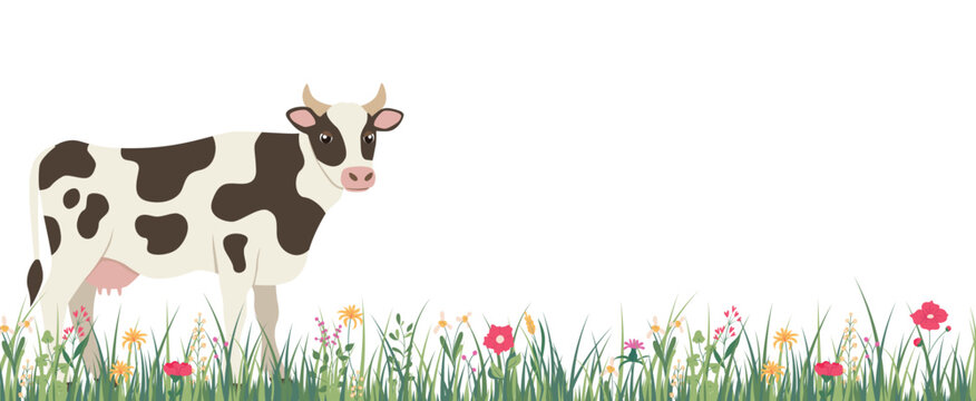 Horizontal banner with a spotted cow standing in grass with flowers, place for text. Vector illustration isolated on a white background