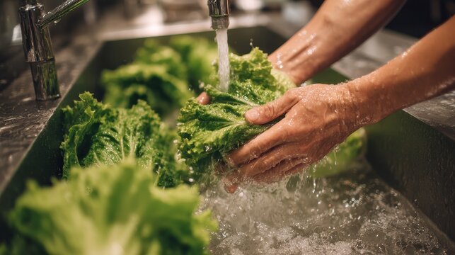 Hands washing fresh lettuce under running water in sink.