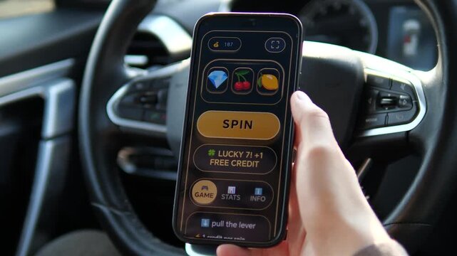Experience the thrill of mobile gaming. Person plays virtual slots in a car, winning free credits. High-quality UI design and realistic setting. Perfect for gambling apps, lifestyle ads, and digital