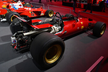 Fototapeta premium Scarperia; Italy - October 24th 2025: Ferrari 312 F1-69 on display during Ferrari World Finals 2025 at Mugello Circuit in Italy.