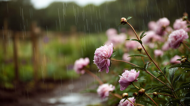 A field of pink flowers is in the rain