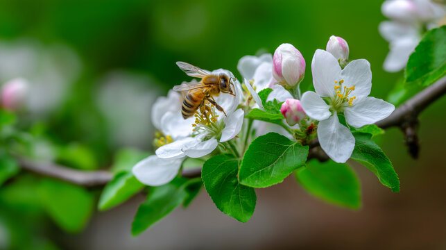 A bee is sitting on a branch of a tree with white flowers