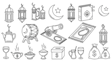 Fototapeta premium Large set of line art icons depicting various elements related to Ramadan, Islamic culture, and Muslim traditions.