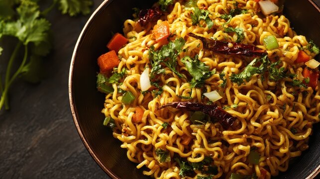 premium Close-up of a dark bowl filled with steaming spicy noodles and fresh cilantro garnish on a dark stone surface, with a sprig of cilantro in the background. background