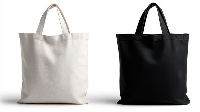 premium Two canvas tote bags, one white and one black, isolated on white background background