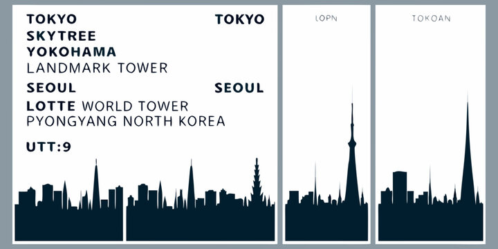 Silhouettes of famous asian towers and city skylines in dark blue