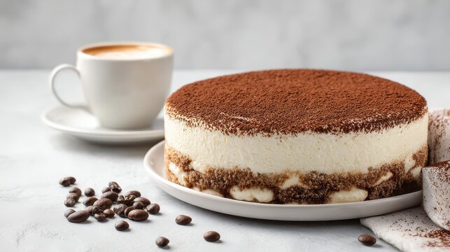 premium Tiramisu cake with a cup of coffee and coffee beans background