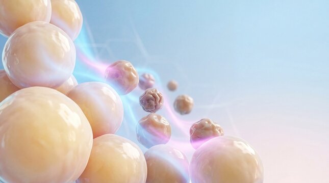 Abstract fat cells floating in soft gradient background with empty space for text, adipose tissue concept, biology science.
