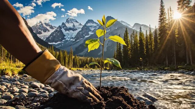 Hand planting sapling near river in majestic mountain landscape
