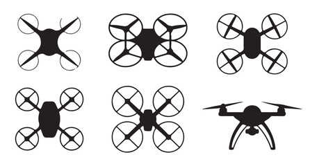 Set of various drone icons in different styles and perspectives on a grey checkered background. © Md