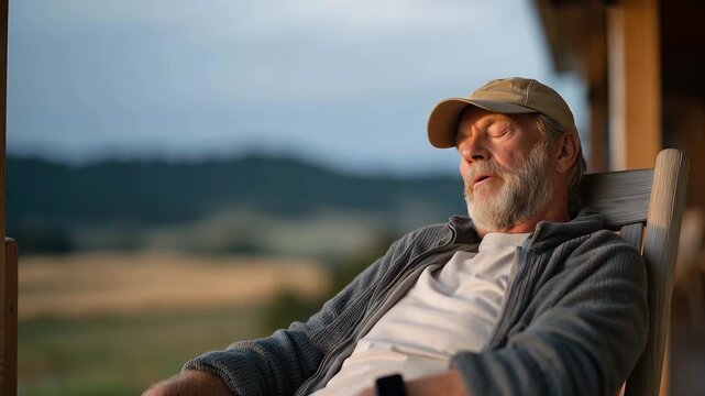 Elderly man in rural porch rocker, monitoring patch on bare forearm, rolling green hills in golden hour background, chronic disease remote monitoring, aging-in-place technology, ru