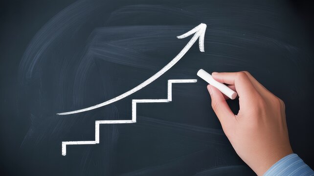 premium Hand drawing a rising business growth staircase chart on a chalkboard background