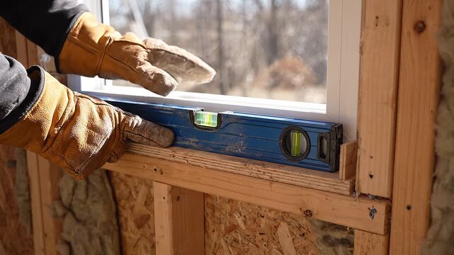 Hands adjusting window frame with level tool during installation