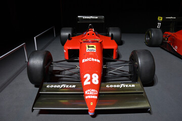Fototapeta premium Scarperia; Italy - October 24th 2025: Ferrari F1-87 ex Michele Alboreto and Gerhard Berger on display during Ferrari World Finals 2025 at Mugello Circuit in Italy.