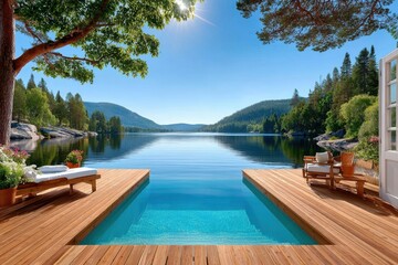 Fototapeta premium Sunny summer day at a lakeside deck with infinity pool and forest view in Finland