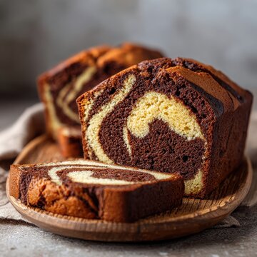 premium Freshly Baked Homemade Chocolate and Vanilla Marble Loaf Cake on a Rustic Wooden Plate background