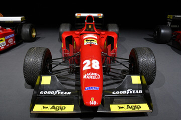 Fototapeta premium Scarperia, Italy - October 24th 2025: Ferrari 412 T ex Jean Alesi and Gerhard Berger on display during Ferrari World Finals 2025 at Mugello Circuit in Italy.