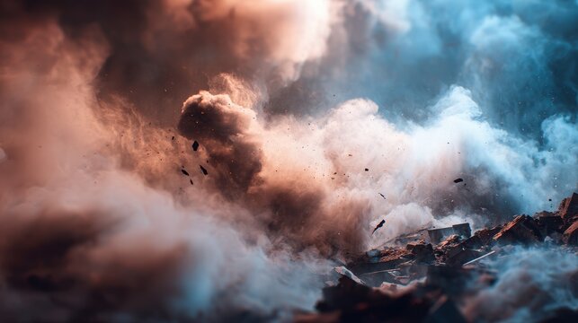 premium Destruction and explosion aftermath with smoke and debris background
