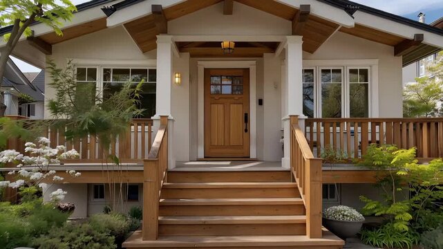 Investor painting front door fire engine red on renovated craftsman bungalow, before photo propped against porch railing, house flip exterior reveal, curb appeal transformation, sp
