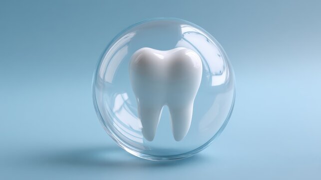 premium A single white tooth inside a glass sphere on a blue background background