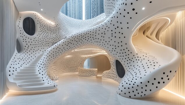 Futuristic Interior Design with Organic Shapes and Perforated Surfaces.
