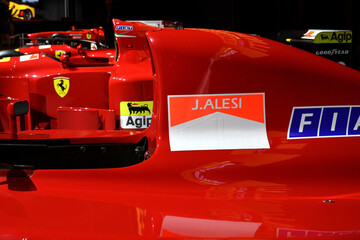 Fototapeta premium Scarperia; Italy - October 24th 2025: Detail of Ferrari 642 or F1-91 ex Alain Prost and Jean Alesi on display during Ferrari World Finals 2025 at Mugello Circuit in Italy.