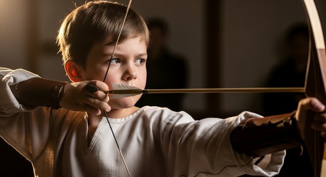 Young boy aims bow with focused expression. Dressed in light-colored medieval attire. Hand grips bowstring taut, ready to release. Soft lighting highlights his determined gaze