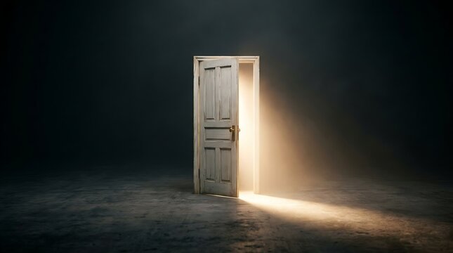 A crack of radiant golden light breaks through an old, slightly ajar wooden door in a dark, foggy room, symbolizing new beginnings, hope, opportunity, and the unknown path ahead