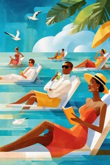 Obraz premium People sunbathing on pool loungers at a tropical resort enjoying summer relaxation and seaside drinks
