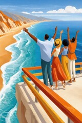 Fototapeta premium Family at the beach enjoying an ocean view from a cliffside balcony on a sunny day
