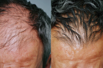 Naklejka premium This image captures the contrast between a balding man and a fuller-haired individual, symbolizing personal transformation and concepts of self-esteem and confidence.