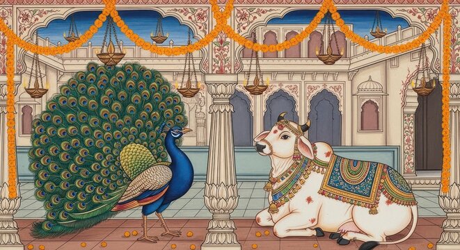 Traditional Indian Miniature Painting of a Peacock and Sacred Cow in Ornate Palace Courtyard.
