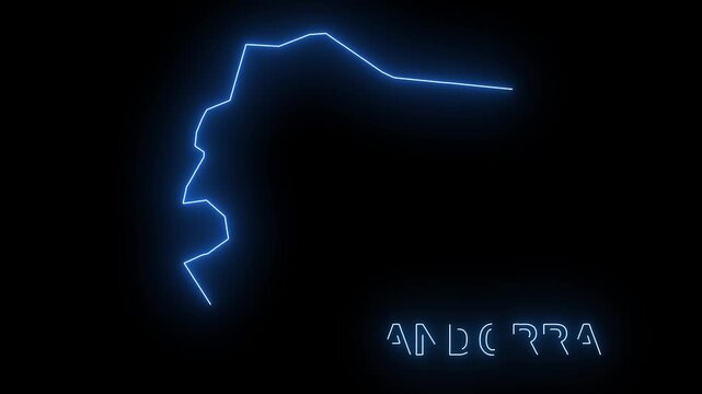 Andorra outline neon map animated glowing on black background with title appearing dynamically
