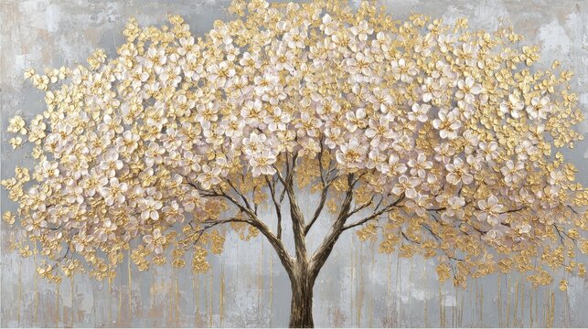 premium Abstract textured gold and white flowering tree oil painting background