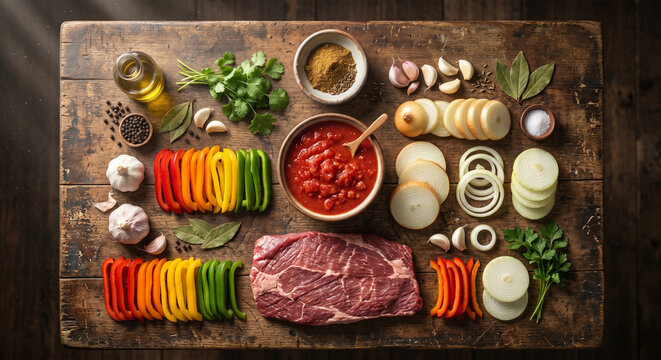 Hyper-realistic top down view of Ropa Vieja ingredients on old wooden table