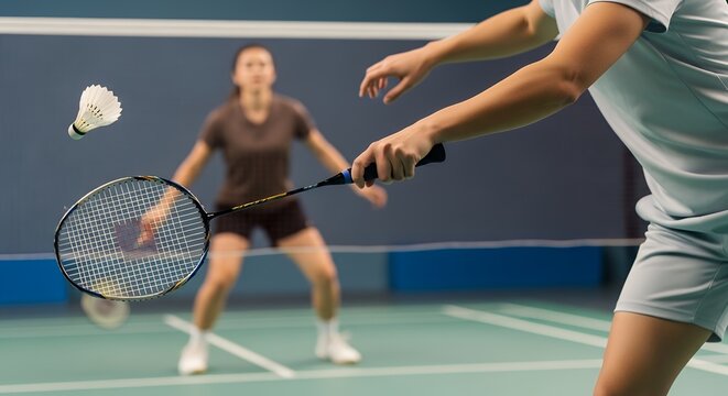 Two players in motion on a badminton court. One player swings a racket to hit the shuttlecock. The shuttlecock is mid-air, close to the racket. Player in background watches attentively