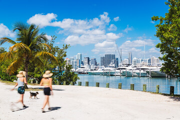 Naklejka premium Two motion blurred people walking their dog along the sandy waterfront of Watson Island, with a picturesque view of the downtown Miami skyline and a yacht-filled marina in the main focus.