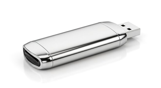 Sleek Silver USB Flash Drive on Clean White Background Isolated
