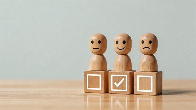 Business decision making wooden figures with facial expressions standing on blocks one selected with checkmark voting process customer satisfaction survey concept