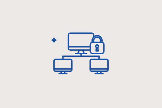 Computer network diagram with a central padlock for local area security. Logical Vector Illustration and line icon is ideal for network administration and secure data sharing.