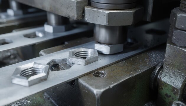 Closeup medium shot capturing thick hex nut blanks being pressed from heavy steel strips emphasizing robustness and mechanical production techniques.