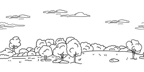 Trees and Christmas trees in a city park, hand-drawn sketch in the forest. Vector illustration. Seamless border isolated on a white background. Linear drawing © Vladimir