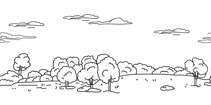 Trees and Christmas trees in a city park, hand-drawn sketch in the forest. Vector illustration. Seamless border isolated on a white background. Linear drawing
