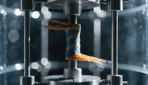 Closeup medium view of fiberwrapped fastener undergoing load testing in lab setting highlighting composite layering and deformation behavior.