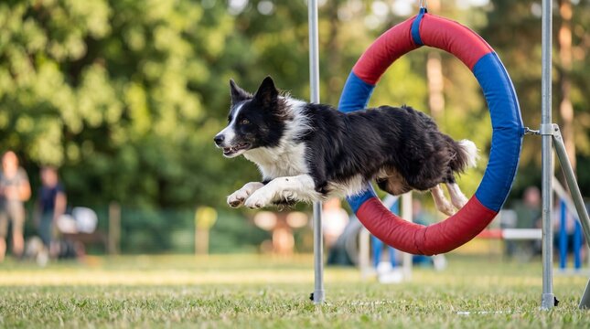Border collie performing agility hoop jump during outdoor competition